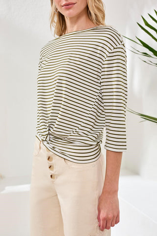Boat Neck 3/4 Sleeve Top W/ Knot Detail-Rainforest