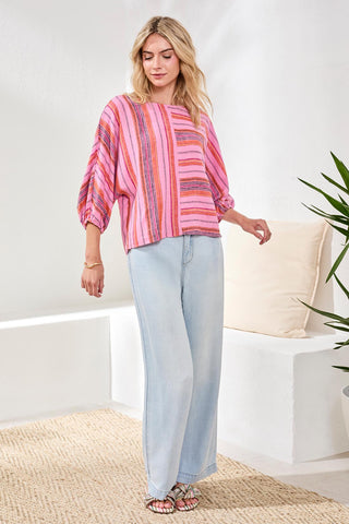 Linen Boat Neck Blouse With Dolman Sleeves-Rosesilk