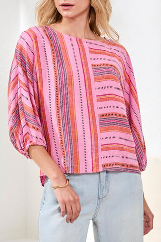 Linen Boat Neck Blouse With Dolman Sleeves-Rosesilk