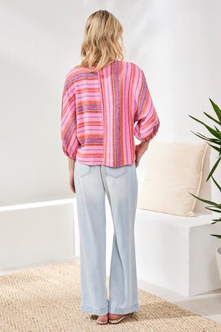 Linen Boat Neck Blouse With Dolman Sleeves-Rosesilk