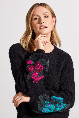 alt view 1 - BOUCL√â DROP SHOULDER SWEATER WITH EMBROIDERED SLEEVES-Black