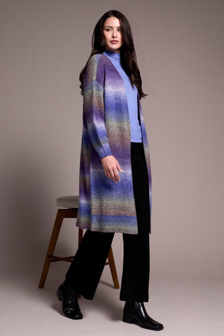 Boucle Space Dye Puff Sleeve Long Cardigan-M blueviolet
