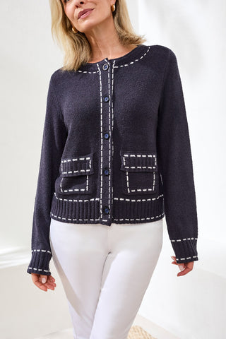 Boucle Yarn Contrast Stitch Cardigan-Jet blue