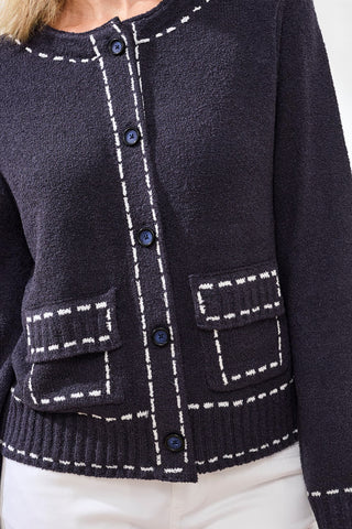 Boucle Yarn Contrast Stitch Cardigan-Jet blue
