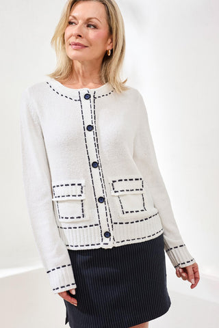 Cardigan En Fil Bouclé À Surpiqûres Contrastantes
-Blanc