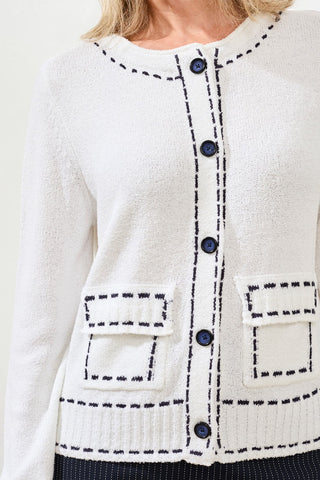 Cardigan En Fil Bouclé À Surpiqûres Contrastantes
-Blanc