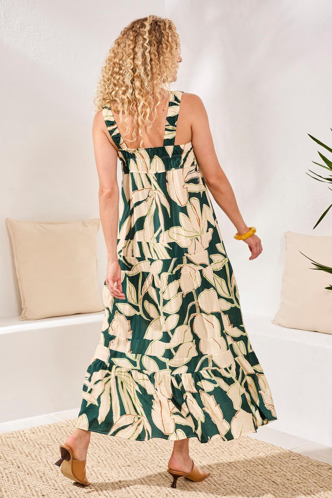 bra friendly maxi dress Square Neck Tiered Maxi Dress WITH Smocking Detail-Rainforest XS