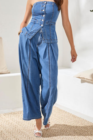 Brooke Front Pleated Wide Leg Flowy Denim Pants-Amalficoast