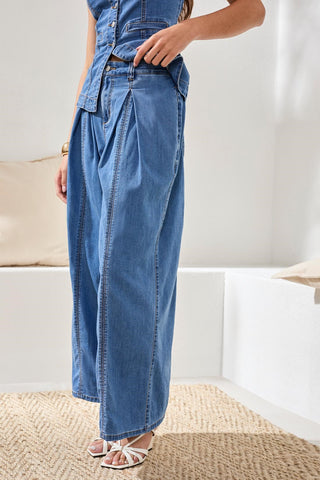 Brooke Front Pleated Wide Leg Flowy Denim Pants-Amalficoast