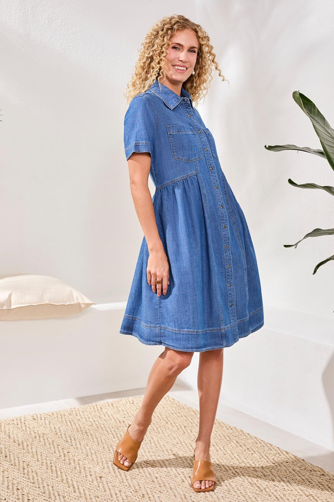 Button Down Flowy Denim Dress With Pockets-Fjordblue Button Down Flowy Denim Dress With Pockets-Fjordblue