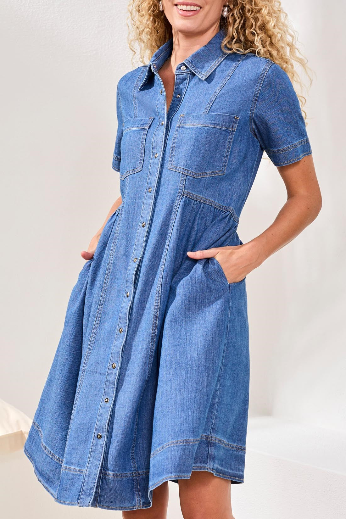 Button Down Flowy Denim Dress With Pockets-Fjordblue Button Down Flowy Denim Dress With Pockets-Fjordblue