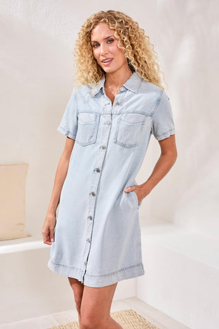 Button Front Flowy Denim Shift Dress-Bondibeach