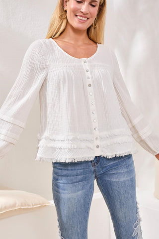 Crinkle Gauze Button-Front Balloon Sleeve Frayed Hem Blouse-Oceanpearl