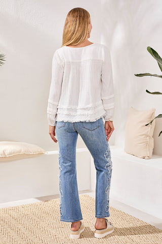 Crinkle Gauze Button-Front Balloon Sleeve Frayed Hem Blouse-Oceanpearl