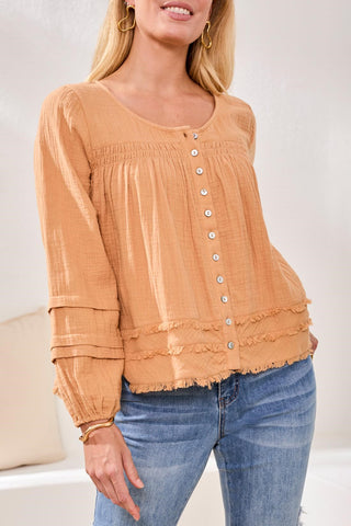 Crinkle Gauze Button-Front Balloon Sleeve Frayed Hem Blouse-Saharabeige
