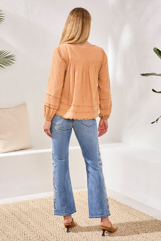 Crinkle Gauze Button-Front Balloon Sleeve Frayed Hem Blouse-Saharabeige