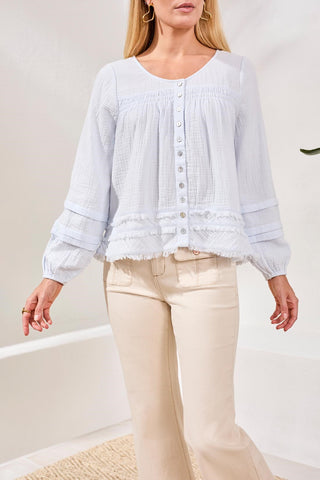 Crinkle Gauze Button-Front Balloon Sleeve Frayed Hem Blouse-Saltwater