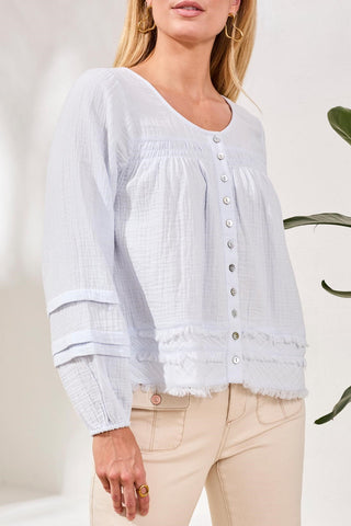 Crinkle Gauze Button-Front Balloon Sleeve Frayed Hem Blouse-Saltwater