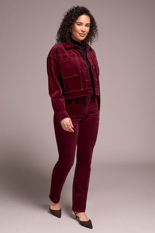 Button-Front Stretch Corduroy Jacket-Wine