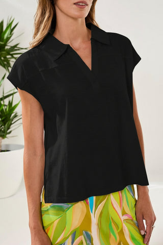 Cap Sleeve Johnny Collar Slub Knit Top-Black