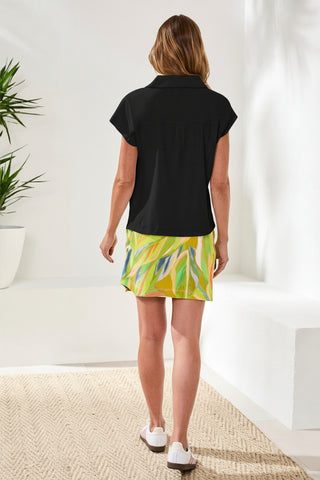 Cap Sleeve Johnny Collar Slub Knit Top-Black