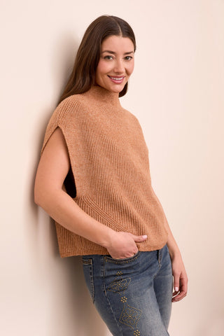 Cap Sleeve Mock Neck Knit Top-Bran