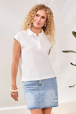 Cap Sleeve Soft Polo Top-White