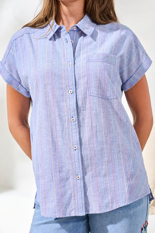 Cotton Cap Sleeve Button-Front Collard U-Hem Blouse-Multiblue