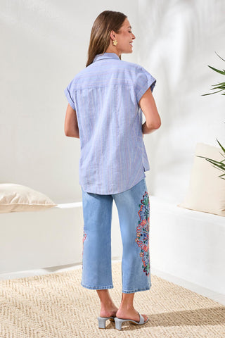 Cotton Cap Sleeve Button-Front Collard U-Hem Blouse-Multiblue