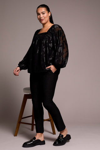 Chiffon Square Neck Puff Sleeve Blouse-Black