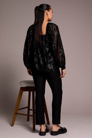 Chiffon Square Neck Puff Sleeve Blouse-Black