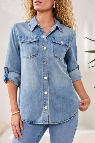 Classic Soft Denim Shirt With Roll-Up Sleeves-Oceanwash