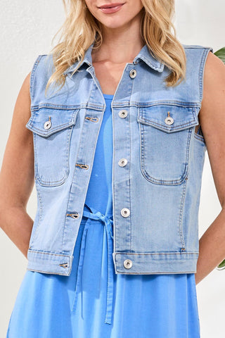 Comfort Stretch Sleeveless Denim Jacket With Pockets-Desertsky