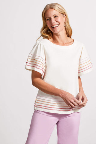alt view 1 - COTTON BOAT NECK TOP WITH CONTRAST STITCHING-Eggshell