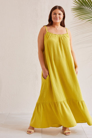 COTTON GAUZE MAXI DRESS WITH FRILLS AND POCKETS-W. limoncello