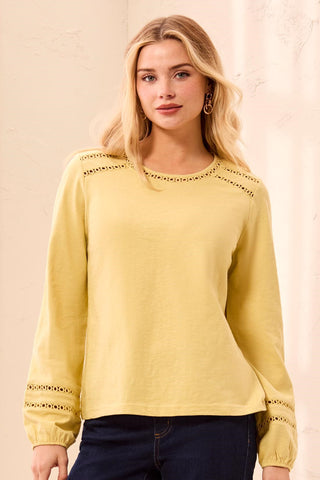Cotton Slub Eyelet Trim Long Sleeve Knit Top-Ltpear