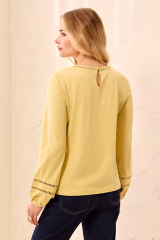 Cotton Slub Eyelet Trim Long Sleeve Knit Top-Ltpear