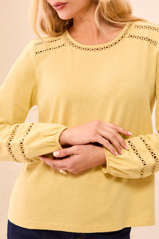 Cotton Slub Eyelet Trim Long Sleeve Knit Top-Ltpear