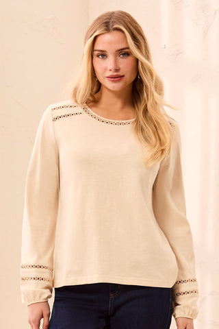 Cotton Slub Eyelet Trim Long Sleeve Knit Top-Moonstone