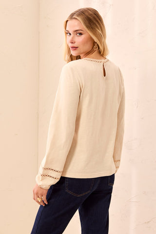 Cotton Slub Eyelet Trim Long Sleeve Knit Top-Moonstone