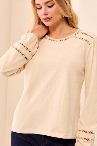 Cotton Slub Eyelet Trim Long Sleeve Knit Top-Moonstone