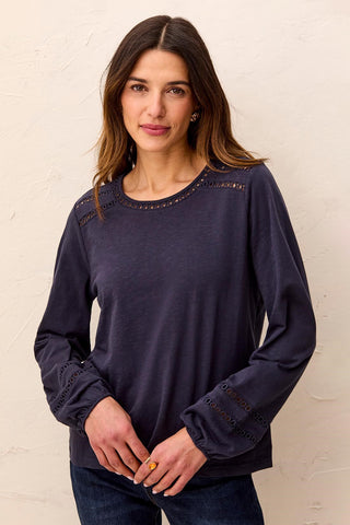Cotton Slub Eyelet Trim Long Sleeve Knit Top-Sapphire