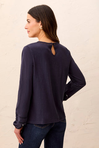 Cotton Slub Eyelet Trim Long Sleeve Knit Top-Sapphire