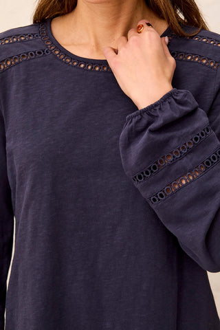 Cotton Slub Eyelet Trim Long Sleeve Knit Top-Sapphire