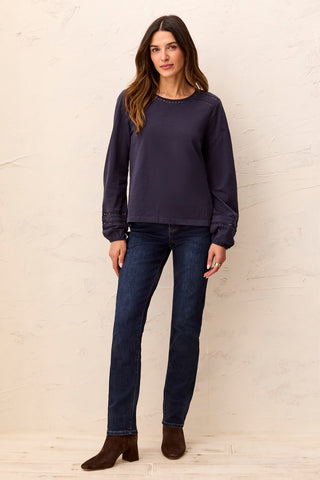 Cotton Slub Eyelet Trim Long Sleeve Knit Top-Sapphire