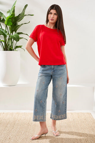 Haut En Coton Flammé À Manches Courtes Avec Détail En Dentelle
-Sangria