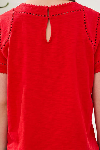 Haut En Coton Flammé À Manches Courtes Avec Détail En Dentelle
-Sangria
