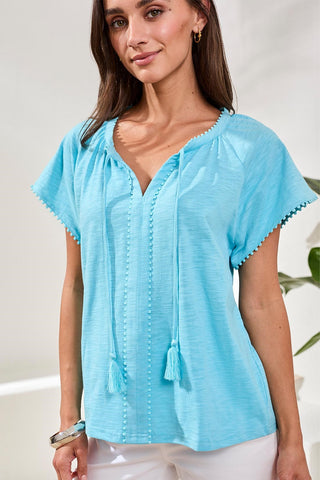 Cotton Slub Split Neck Tassel Top-Aqua sky