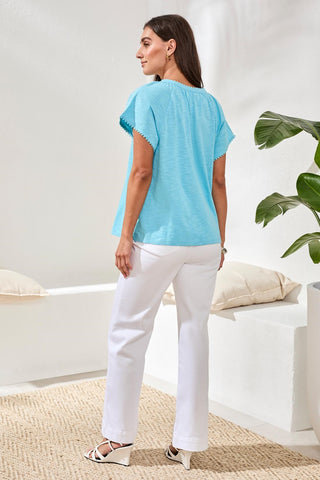 Cotton Slub Split Neck Tassel Top-Aqua sky