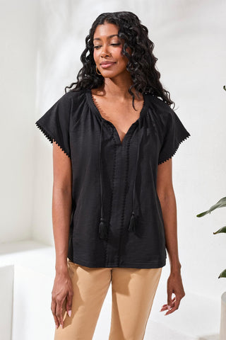 Cotton Slub Split Neck Tassel Top-Black